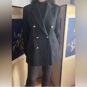 Ann Freedberg Black Wool Double Breasted Oversized Jacket w Gold Buttons